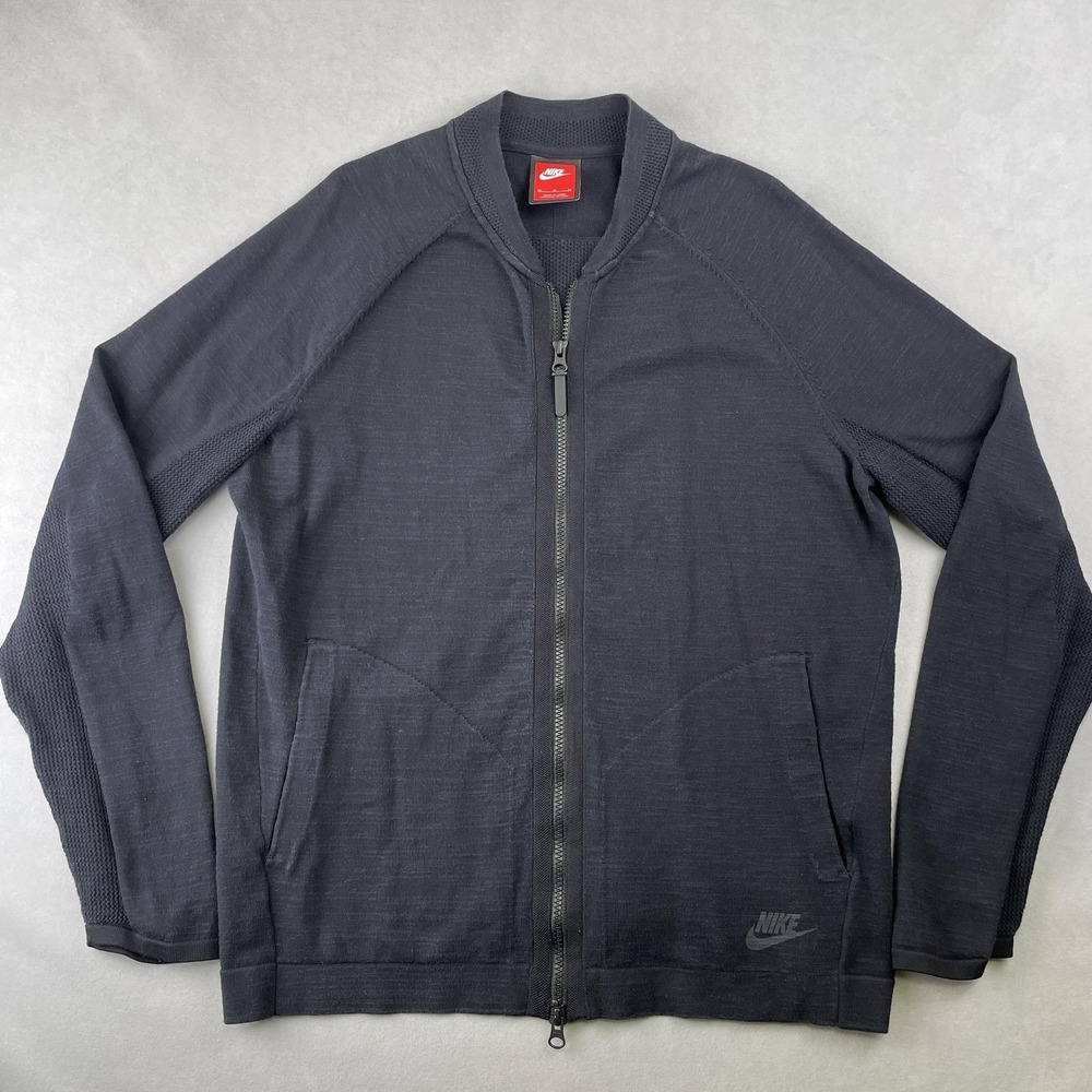Nike Jacket Mens M Black Tech Knit Full Zip Bomber Mesh Panels Comfy 810558-010